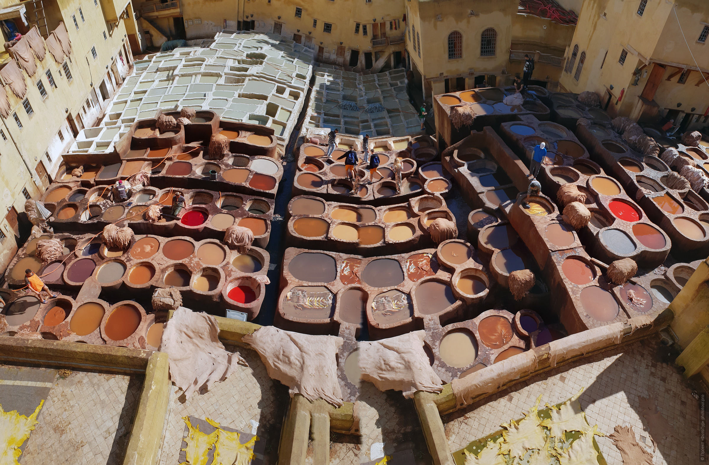 Shuara dyeing room, photo panorama. Adventure photo tour: medina, cascades, sands and ports of Morocco, April 4 - 17, 2020.