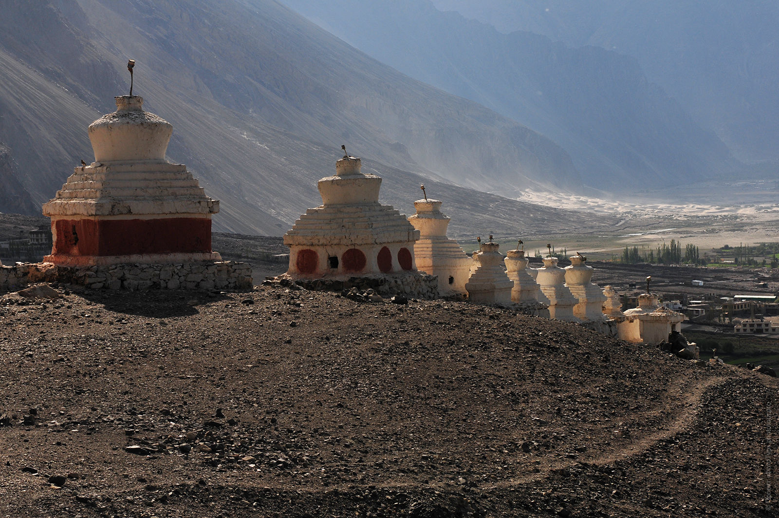 White chortens Diskit Gonpa. Expedition Tibet Lake-2: Pangong, Tso Moriri, Tso Kar, Tso Startsapak, Leh-Manali highway.