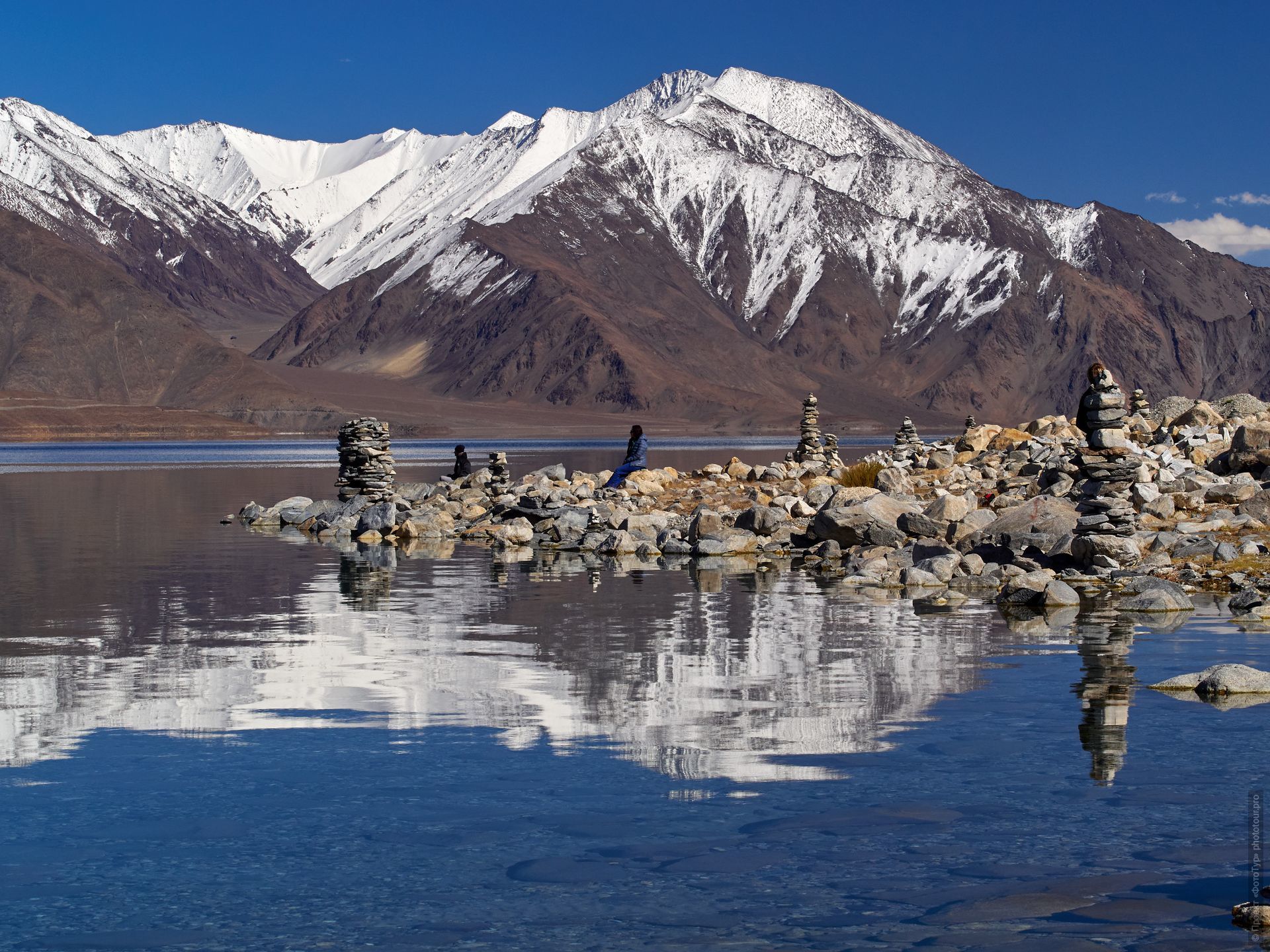 Pangong Tso Lake. Tour Tibet Lakeside Advertising: Alpine lakes, geyser valley, Lamayuru, Colored Mountains, 01 - 10.09. 2023 year.