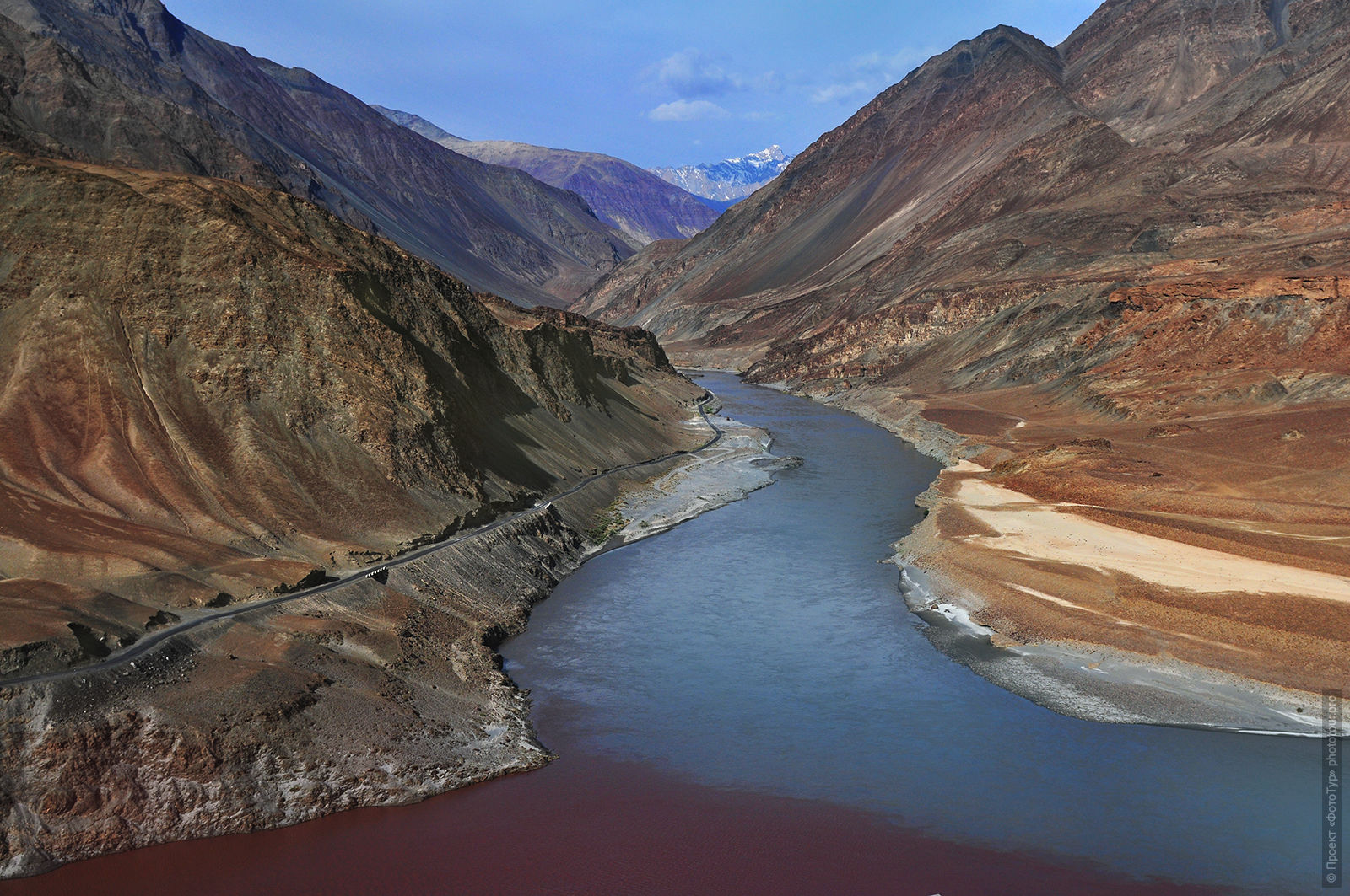 The confluence of the rivers Indus and Zanskar. Tour Origins of Tibet: Bon, true Aryans to Da Khan, Mystery Dance Tsam in Lamayuru, Lake Pangong, June 15 - 26, 2020. Tour to Ladakh.